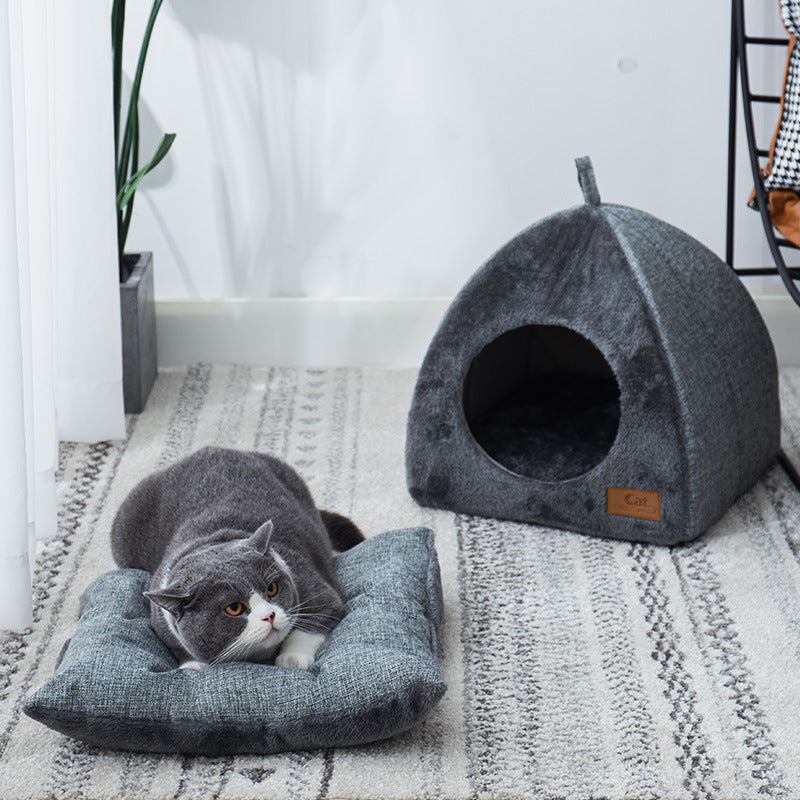 Katzenhaus Luna - Dreieckiges Haustiernest in Grau mit gemütlicher Polsterung